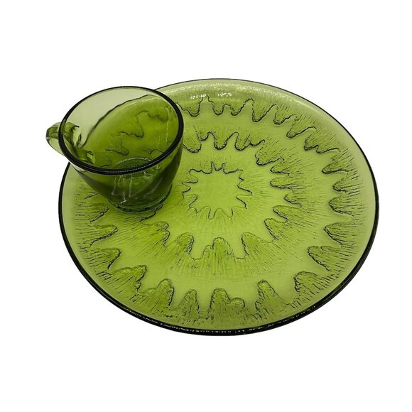 Vintage Sunburst Green by Indiana Glass Snack Plate & Cup Set Textured USA MCM - Picture 4 of 16